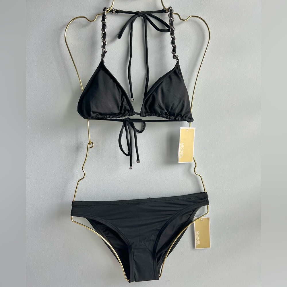Michael Kors Chain-Trim String Triangle Bikini Top & Hipster Bottoms  Size Small